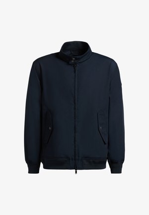 Marineblaue Reißverschlussjacke mit Stehkragen, Taschen mit Druckknopfklappen, gerippten Bündchen und elastischem Saum.