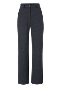 Pantalones de pierna ancha en gris oscuro, confeccionados con un tejido texturizado, que presentan un cierre de botón y trabillas para cinturón. Corte recto con un aspecto entallado.
