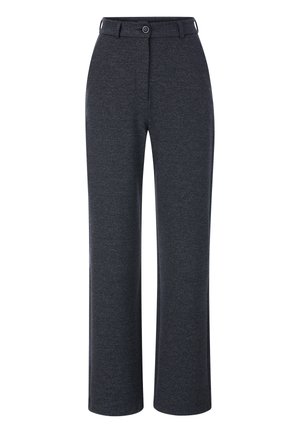 Pantalons larges gris foncé en tissu texturé, avec une fermeture à bouton et des passants de ceinture. Silhouette droite avec une apparence soignée.