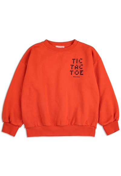 Felgekleurde oranje sweatshirt van zacht katoen. Heeft een ronde hals, ribgebreide manchetten en tailleband. Zwart tekstontwerp op de voorkant.