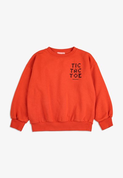 Felgekleurde oranje sweatshirt van zacht katoen. Heeft een ronde hals, ribgebreide manchetten en tailleband. Zwart tekstontwerp op de voorkant.
