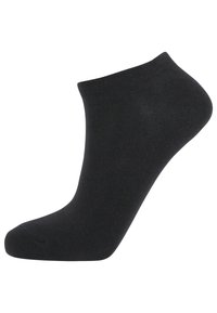 Svart ankelsocka tillverkad av ett glatt, elastiskt tyg. Har en ribbad mudd och en sömlös tå för komfort och passform.