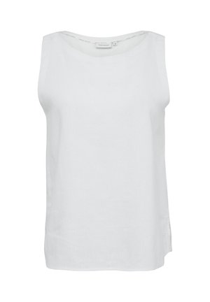 Top bianco senza maniche realizzato in tessuto leggero, con scollo rotondo e una vestibilità rilassata. Fessure laterali per facilitare il movimento.
