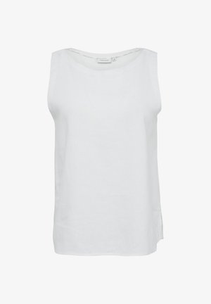 Weißes ärmelloses Oberteil aus leichtem Stoff, mit Rundhalsausschnitt und lockerer Passform. Seitliche Schlitze für mehr Bewegungsfreiheit.