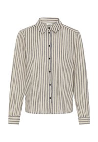 Hosszúujjú krémszínű ing tengerészkék függőleges csíkokkal, galléros nyakkal, gombos elülső résszel és kontrasztos csíkozott mandzsettával. Könnyű anyagból készült.