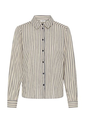 Kreminė ilgųjų rankovių marškiniai su tamsiai mėlynomis vertikaliomis juostelėmis, apykaklė, mygtukų užsegimas ir kontrastingi juostuoti rankogaliai. Pagaminti iš lengvos medžiagos.