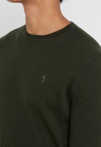 Tmavě zelený pletený svetr s kulatým v�ýstřihem, na hrudi s nenápadným logem. Textura je hladká a jednotná po celém svetr.