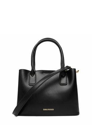 Schwarze Lederhandtasche mit zwei runden Griffen, einem langen Riemen und dem goldenen "GINO ROSSI"-Logo auf der Vorderseite.