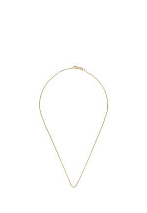 Feine Goldkette mit kleinem Karabinerverschluss, präsentiert vor einem schlichten weißen Hintergrund.
