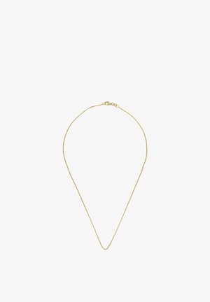 Feine Goldkette mit kleinem Karabinerverschluss, präsentiert vor einem schlichten weißen Hintergrund.