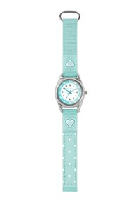 Orologio azzurro chiaro con quadrante bianco tondo, hardware argentato e un cinturino con pois bianchi e un motivo a cuore.