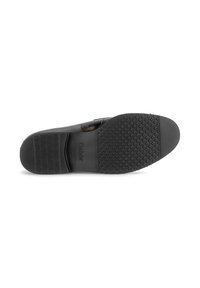 Zwarte schoenzool met getextureerd rubber voor grip, met een gladde afwerking aan de bovenkant en een logo in de hak geperst.