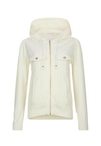 Hoodie color crema con zip, due tasche frontali con bottoni dorati e un design a trecce testurizzate sul corpo.