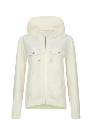 Hoodie color crema con zip, due tasche frontali con bottoni dorati e un design a trecce testurizzate sul corpo.