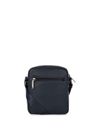 Navy blue leather crossbody bag with a zip closure, featuring a front zip pocket and an adjustable strap. Smooth texture and rectangular shape.