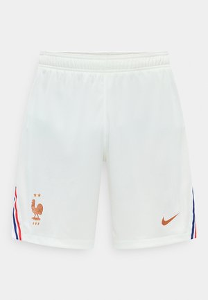 Witte sportshorts met blauwe en rode strepen aan de zijkanten, voorzien van een gouden Nike-logo en het embleem van de Franse voetbalbond met twee sterren.