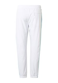 Pantalones blancos de corte relajado con cintura y puños elásticos, que cuentan con un único bolsillo trasero en el lado derecho.