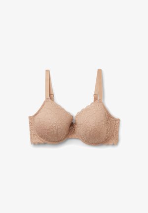 Sostenedor de encaje en color nude con bordes festoneados, soporte con aros y tirantes ajustables; presenta un patrón floral y una textura suave.