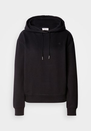 Black hooded sweatshirt with a relaxed fit, drawstring, and embroidered logo on the chest. Soft fabric and ribbed cuffs and hem.