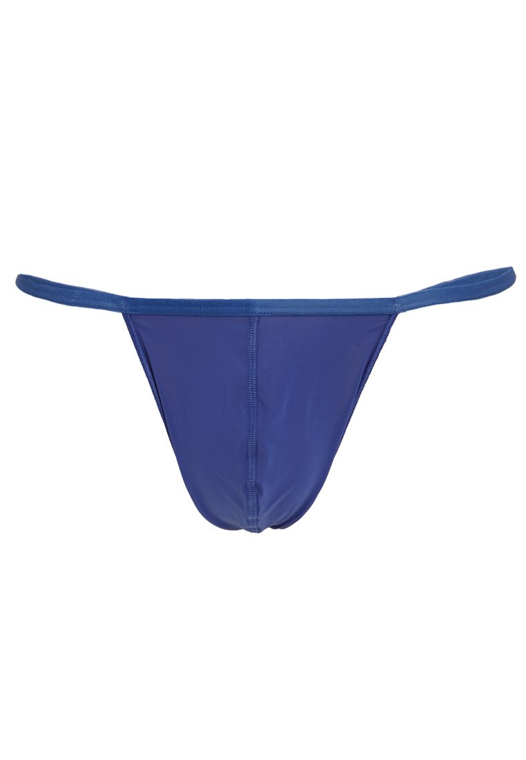 Siniset stringit, valmistettu sileästä ja kevyestä kankaasta. Omanaa minimalistisen muotoilun ohuilla naruilla ja sauman मुक्तtoman takapuolen kanssa.