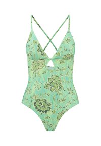 Maillot de bain une pièce floral en tissu vert clair avec des motifs floraux verts foncés. Présente une découpe en forme de trou de serrure et des bretelles croisées.