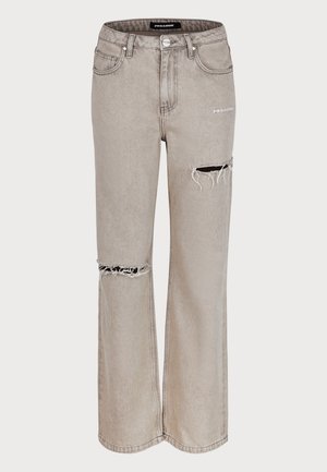 Light gray jeans in a relaxed fit, featuring distressed detailing with rips at the knees and a faded texture. Includes five pockets and belt loops.