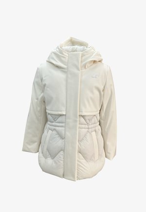 Cappotto invernale imbottito bianco con cappuccio, parte inferiore trapuntata, parte superiore liscia e due tasche frontali.
