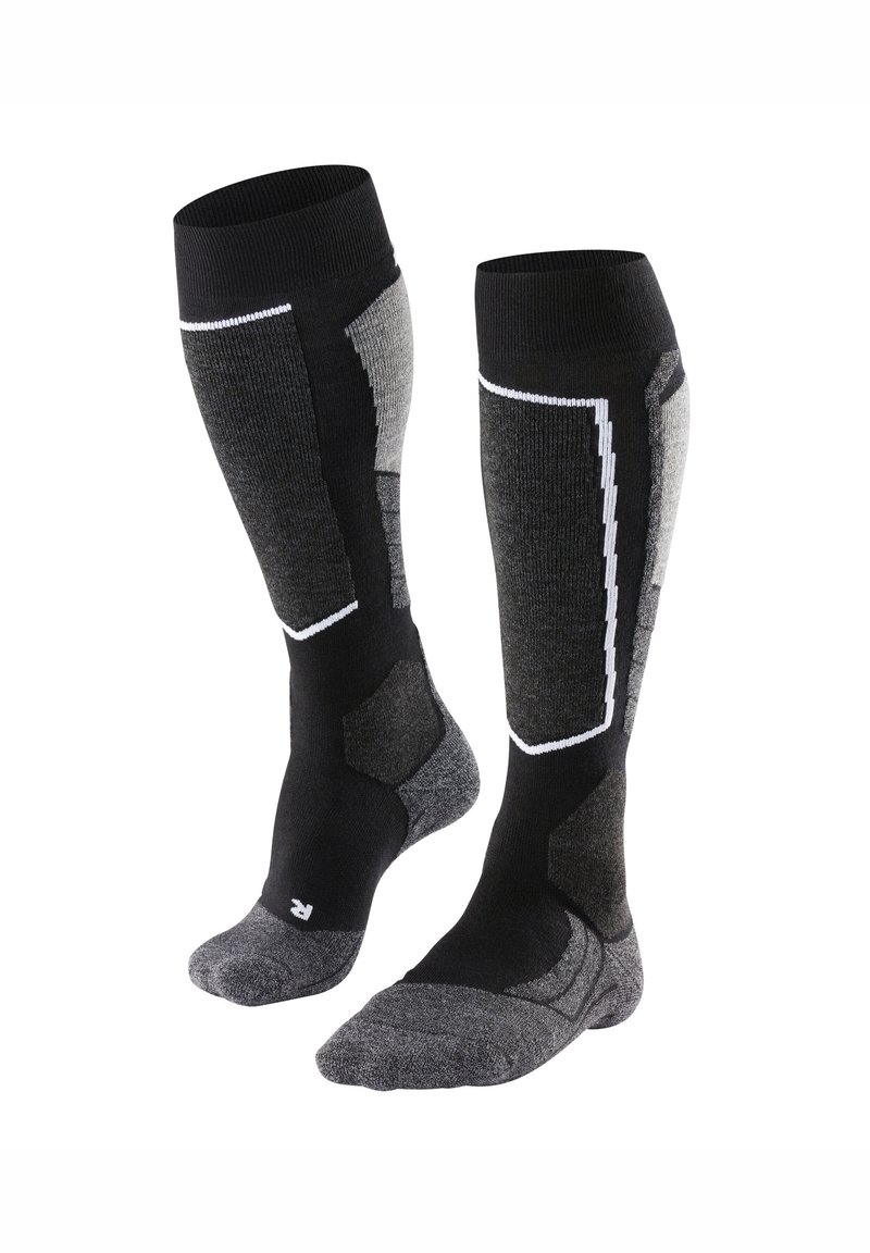 Paar schwarze und graue knielange Sportsocken mit verstärkten Fersen- und Zehenbereichen sowie weißen Details an Schienbein- und Wadenbereichen.