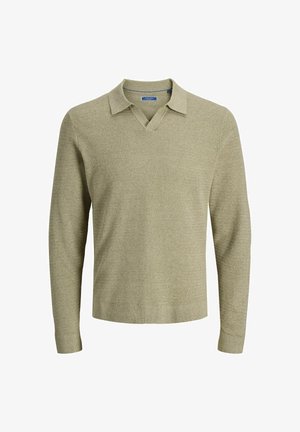 Pleteni pulover svijetlo zelene boje, s V-izrezom i dugim rukavima. Tkanina s teksturom, s rebrastim donjim rubom i manžetama. Bez vidljivih logotipa ili ukrasa.