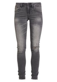 Bleka grå denim skinny jeans med knapp- och dragkedja, fem-fickorsdesign och slitna knädetaljer.