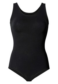 Costume da bagno intero nero con scollo a U, spalline sottili e gamba alta. Realizzato in tessuto liscio e elasticizzato; privo di fantasie o decorazioni.