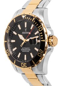 Montre automatique de plongée Festina avec un cadran noir, un bracelet en acier inoxydable doré et argenté, un verre saphir et des index horaires lumineux.
