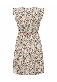 Blommig klänning med volangärmar, som har en vit bakgrund och ett färgglatt tryck av rosa, lila och gula blommor. Smocksydd midjedetalj.