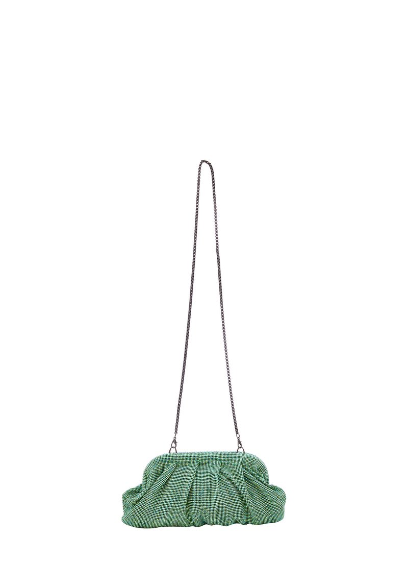Borsa a mano con motivo houndstooth verde, texture arricciata, tracolla in metallo e forma arrotondata. Design compatto per portare l'essenziale.