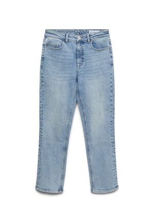 Světle modré džínové kalhoty s pětiprvkovým designem kapes, zapínáním na knoflík a zip, s přímým střihem nohavic, rozložené na bílém pozadí.