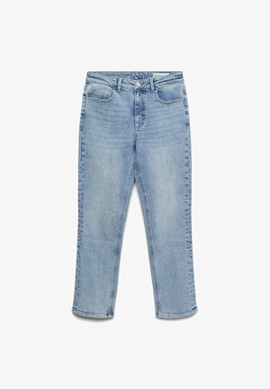 Světle modré džínové kalhoty s pětiprvkovým designem kapes, zapínáním na knoflík a zip, s přímým střihem nohavic, rozložené na bílém pozadí.