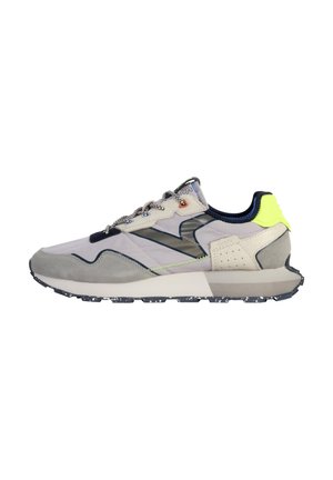 Sneakers con una toma grigia e blu navy, pannelli in suede e rete testurizzati, accenti verde neon e una suola in gomma con motivo.