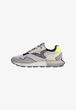 Sneakers con una toma grigia e blu navy, pannelli in suede e rete testurizzati, accenti verde neon e una suola in gomma con motivo.