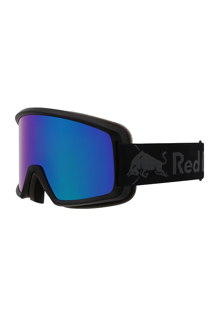 Lunettes de ski noires avec un large verre bleu réfléchissant. Doublure en mousse douce et une bande réglable noire avec le logo Red Bull.