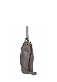 Grijze leren tas met een textuur oppervlak, één schouderband en zilveren accenten. Slank ontwerp, compacte vorm en minimalistische details.