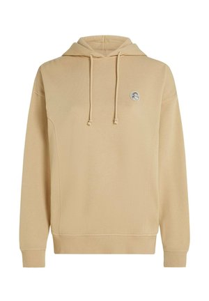 Liivakarva tooniga kapuutsiga dressipluus paelaga, soonikkoes varrukate ja äärega. Rinnal ümmarguse logomärgiga. Pehme ja sile tekstuur.