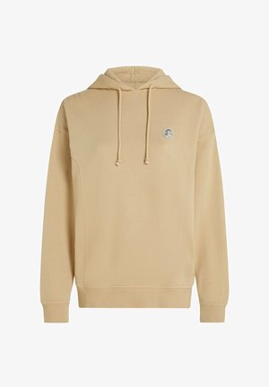 Liivakarva tooniga kapuutsiga dressipluus paelaga, soonikkoes varrukate ja äärega. Rinnal ümmarguse logomärgiga. Pehme ja sile tekstuur.