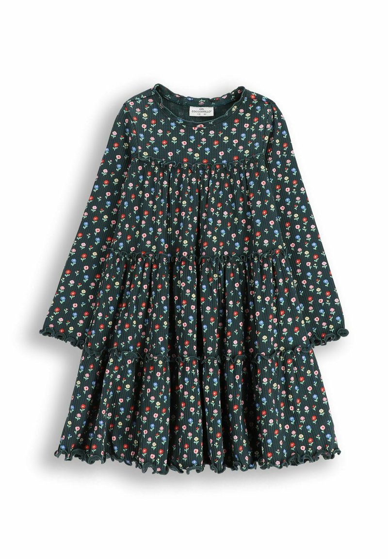Zielona sukienka z długimi rękawami, warstwowymi falbanami i kwiatowym wzorem w odcieniach czerwieni, różu i niebieskiego. Wykonana z miękkiego materiału, wykończona falbaniastymi krawędziami.