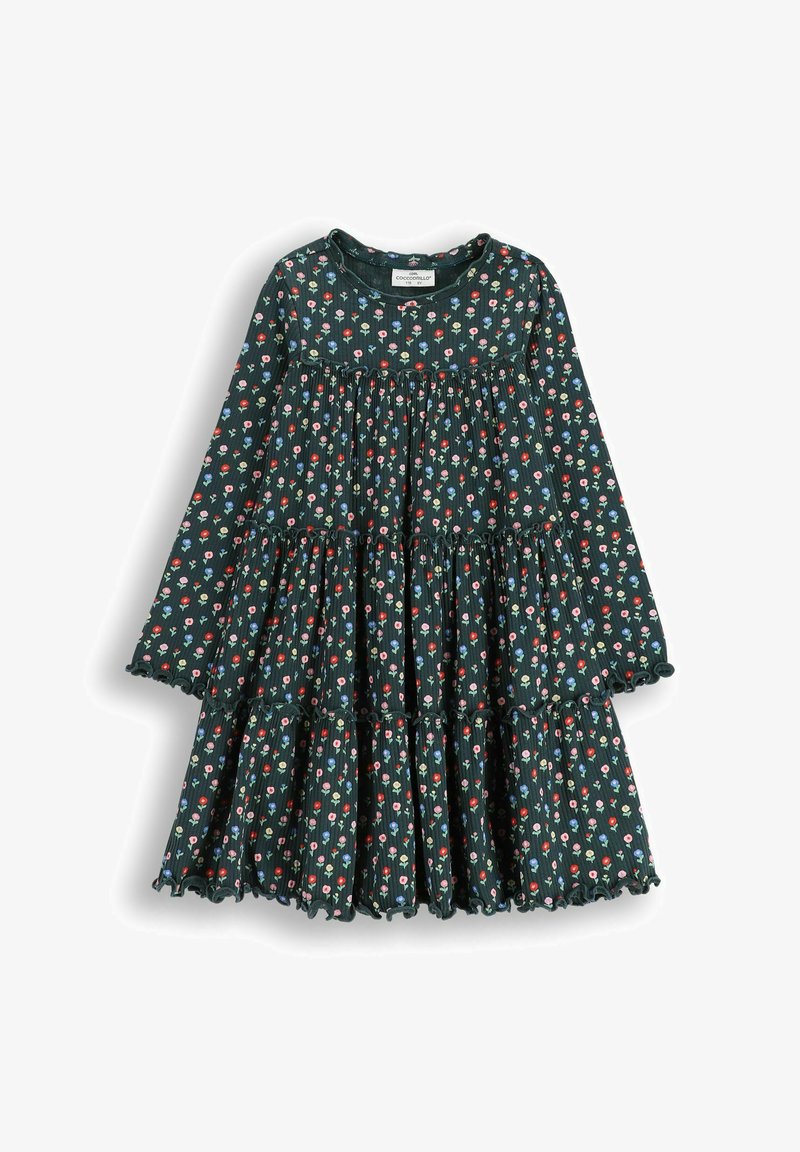 Zielona sukienka z długimi rękawami, warstwowymi falbanami i kwiatowym wzorem w odcieniach czerwieni, różu i niebieskiego. Wykonana z miękkiego materiału, wykończona falbaniastymi krawędziami.