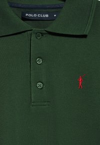 Grünes Polohemd aus strukturiertem Stoff, mit einer Drei-Knopf-Leiste und einem roten gestickten Logo eines Golfspielers auf der Brust.