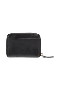 Portafoglio in pelle nera con chiusura a zip, superficie liscia e cuciture visibili. Presenta diversi slot per carte su un lato e un tirante per la zip.
