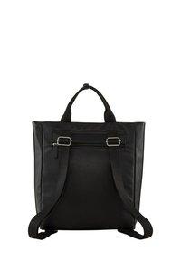 Schwarzer Rucksack aus synthetischem Material mit doppelten Trägern, kurzen Griffen, einer Reißverschlusstasche und rechteckiger Form. Glatte Textur.