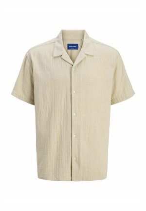 Short-sleeve, button-up shirt in beige, made from textured fabric. Features a collared neckline and plain front with five buttons.