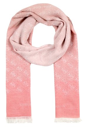 Sjaal met roze verloop en subtiel herhalend logopatroon, afgewerkt met franjes, in een lus gelegd waarbij de uiteinden naar beneden hangen.