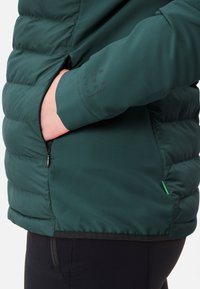 Dunkelgrüne Puffjacke mit gesteppter Textur. Verfügt über eine seitliche Reißverschlusstasche und minimales Branding auf dem Ärmel. Insgesamt glatte Oberfläche.
